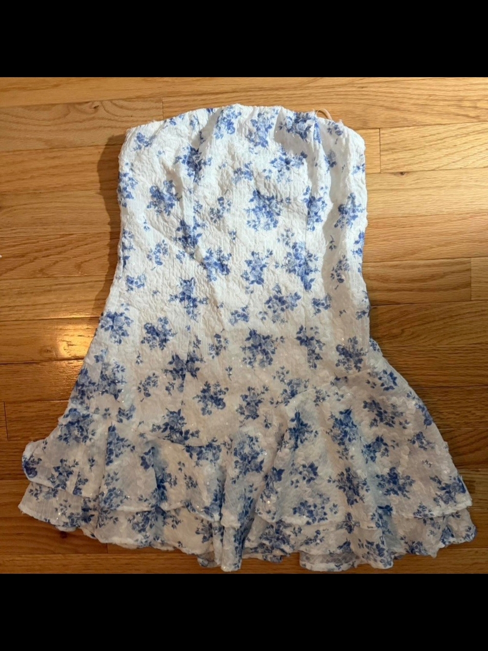 White Strapless Floral Mini Dress with Blue Print